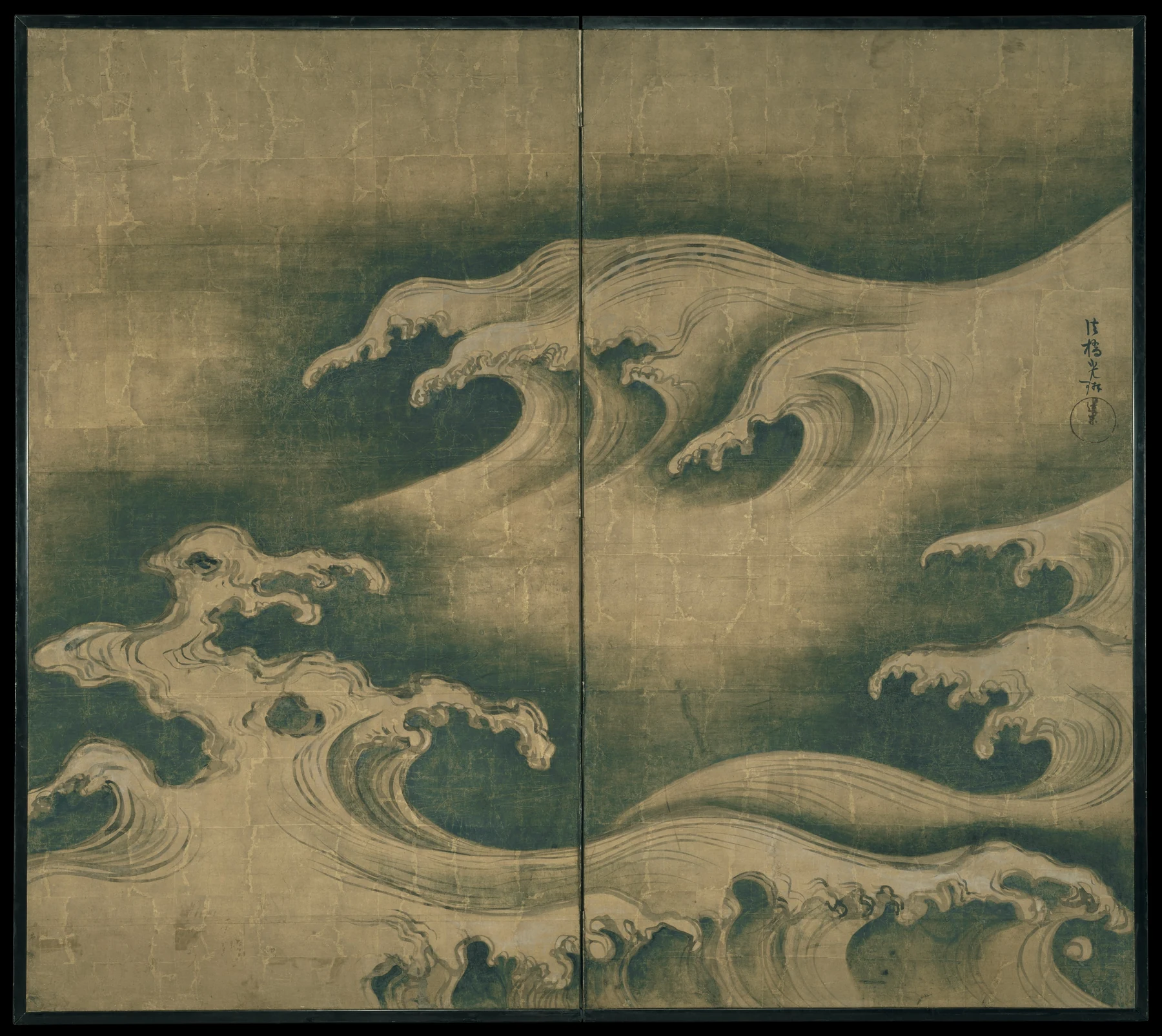 Rhythmic ink waves rolling across a gold-toned Japanese folding screen.