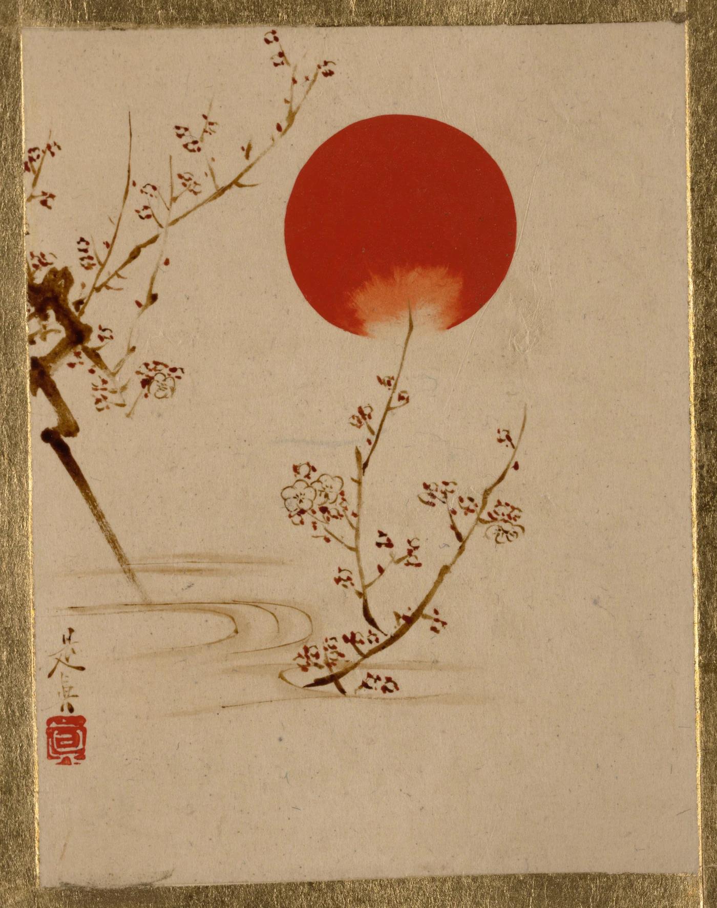 A red sun among spare plum branches in an Edo-period lacquer painting.